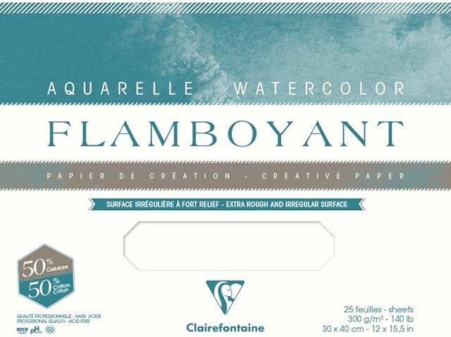 Clairefontaine - Ref 975064C - Flamboyant Watercolour Glued Pad (20 Sheets) - 24 x 32cm Size, Rough Grain, 300gsm Paper - Suitable for Watercolour Artwork