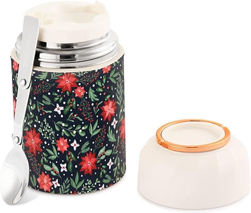 MCHIVER Christmas Flower Leaves Food Jar with Spoon Stainless Steel Vacuum Insulated Food Container 17 oz Thermos for Hot Food