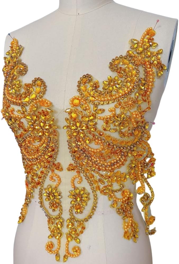 Handmade Rhinestones Lace Appliques Sew on Glass Beads Bodice Trim Patches Accessory for Dress Clothes (Brown)