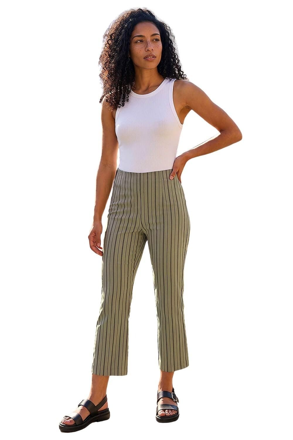 Roman Originals Women's Khaki Stripe Roman Cropped Bootleg Trouser For Uk Stretchy Capri Pants 3/4 Three Quarter Bottoms Bootcut Straight Leg Flared Smart Casual Pull On Elastic Waist Work - Size 14