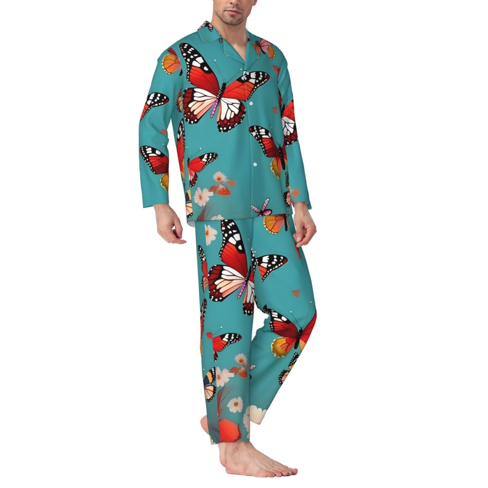 Hen Flying Butterflies Among Flowers Print Herren-Pyjama-Set, langärmelig, zweiteilig, Hauskleidung, bequeme Nachtwäsche