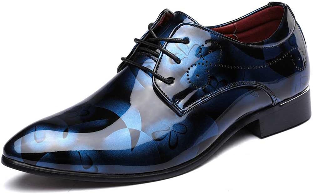 Senyee Men's Dress Shoes, Modern Classic Pointed-Toe Patent Leather Floral Lace-up Business Casual Oxfords Blue 9.5