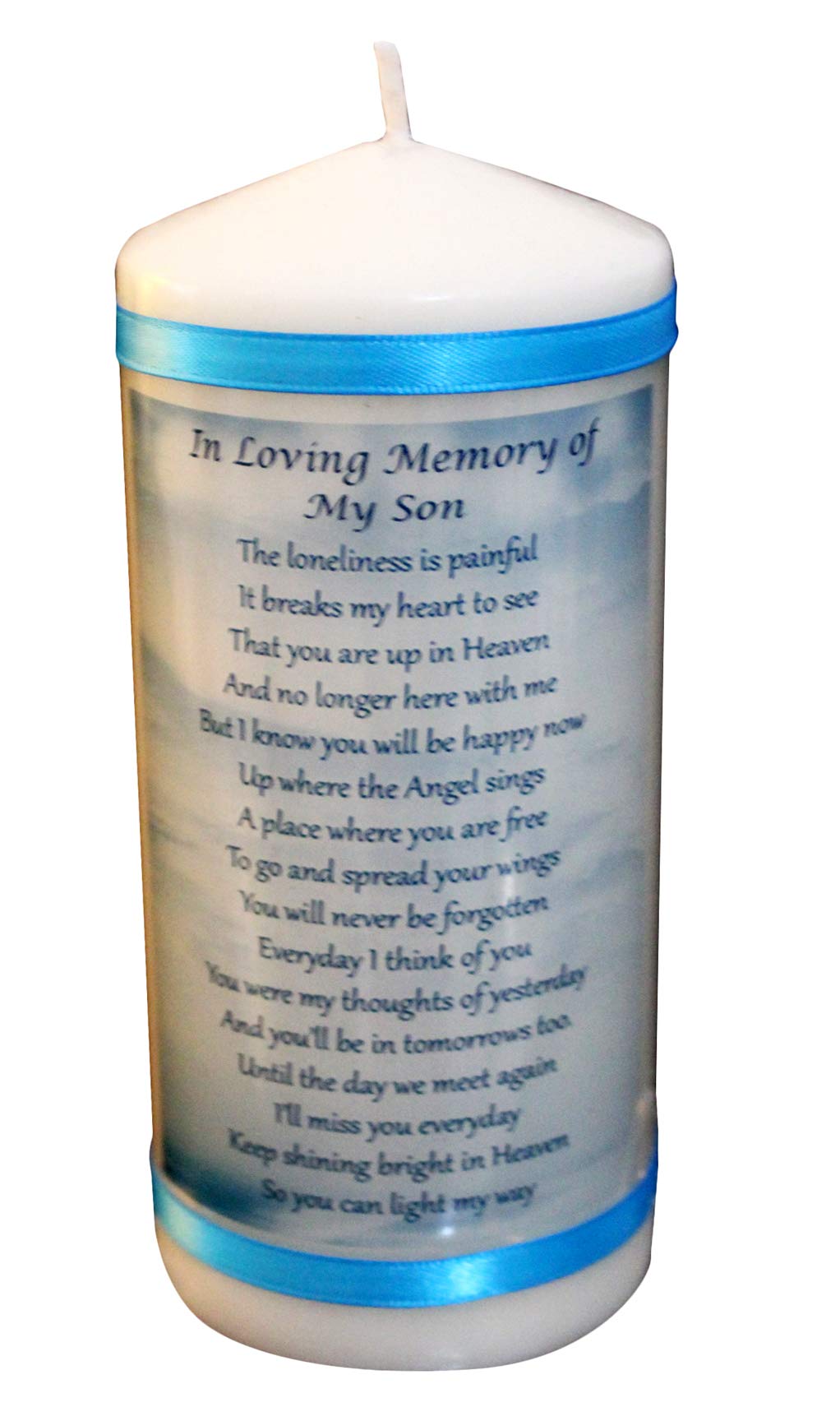 Cellini Candles White & Blue Son Memorial Candle A Large 6" Inch Candle With A Beautiful Poem On