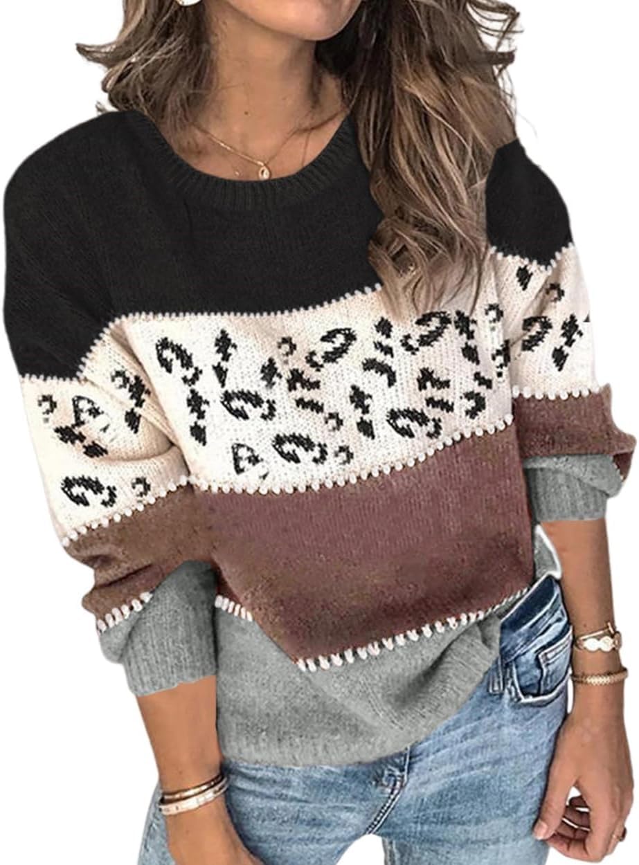 Womens Oversized Colorblock Leopard Print Pullover Cashmere Sweater Cozy Crewneck Long Sleeve Knit Jumper Top