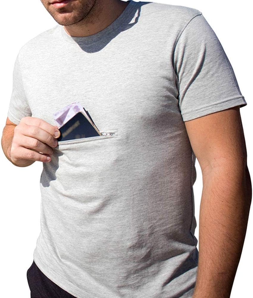 Clever Travel Companion Men's Crew Neck T Shirt with 1 Secret Hidden Pockets for Traveling | Pickpocket Proof