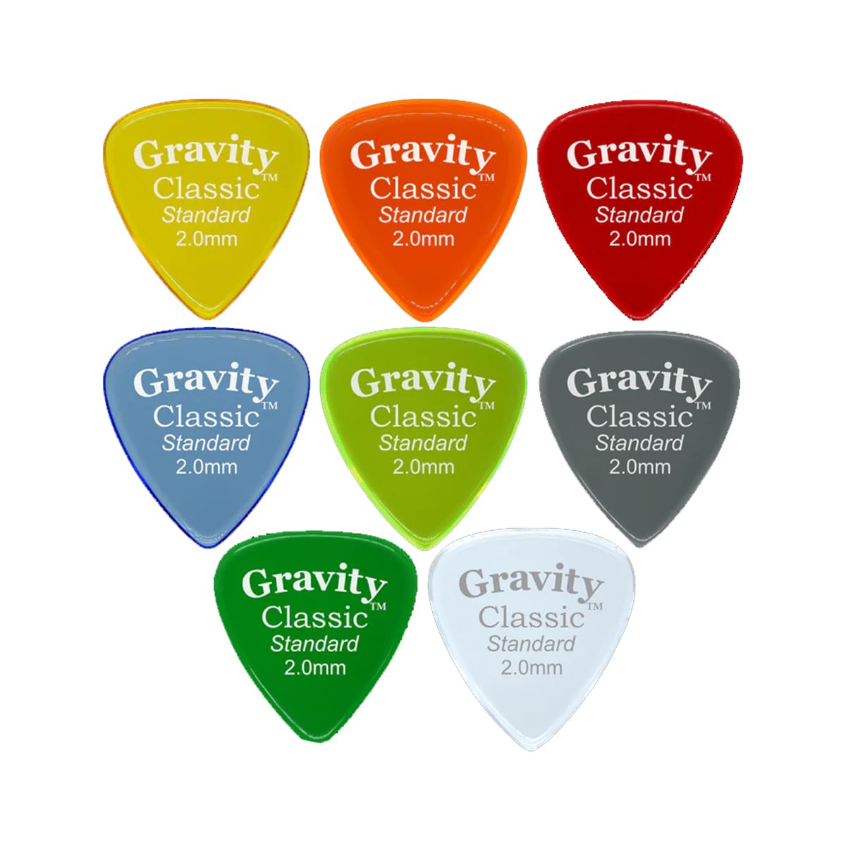 Gravity Gitarrenplektren, Acryl, klassisch, 2,0 mm, 8 Farben erhältlich, heller, lauter, schneller