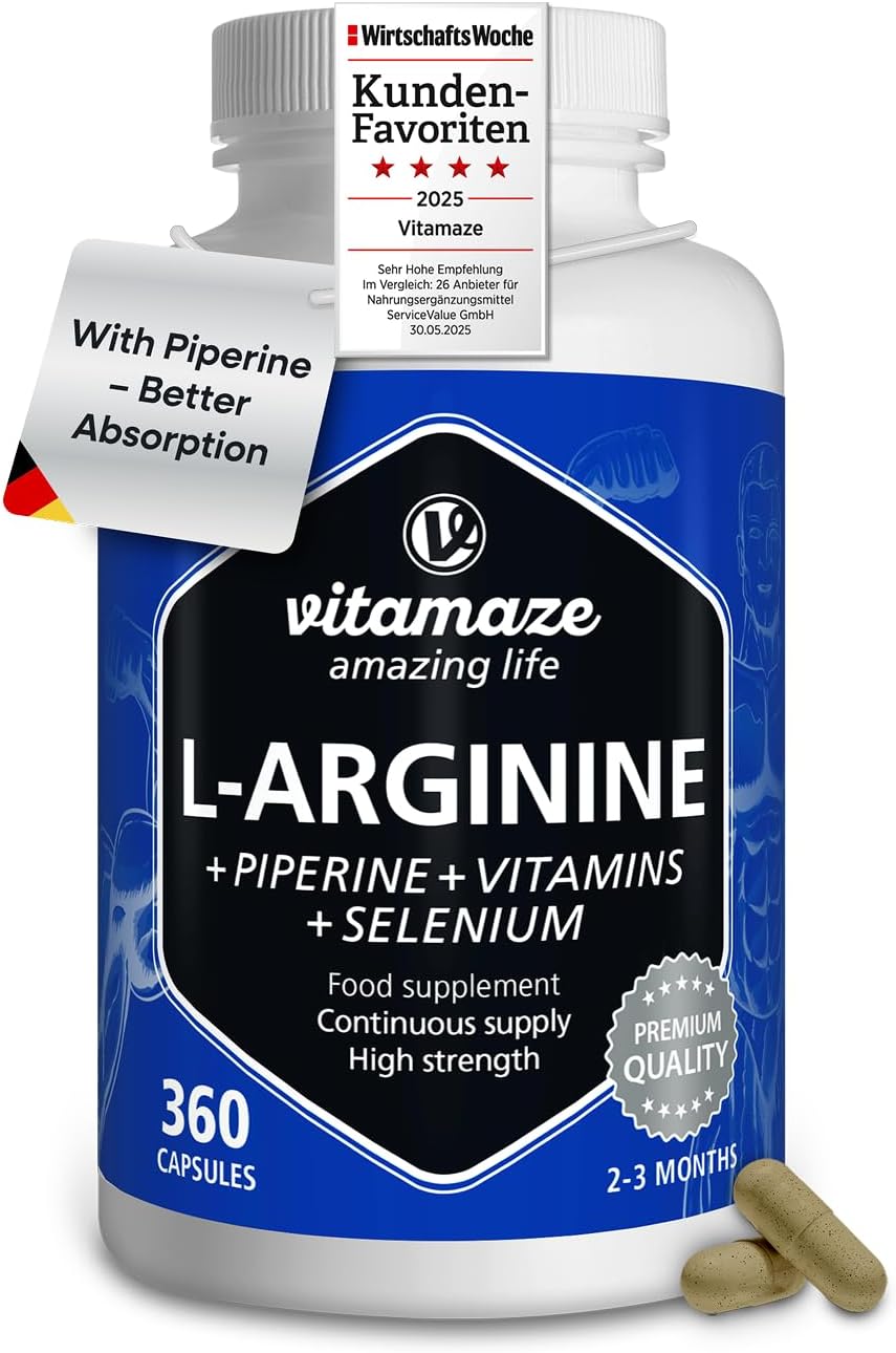 L-Arginine Capsules, Highly Concentrated, 360 Tablets with Vital Formula B6, B12 + Folic Acid + Selenium and Piperine, Organic & Natural Supplement Without Additives