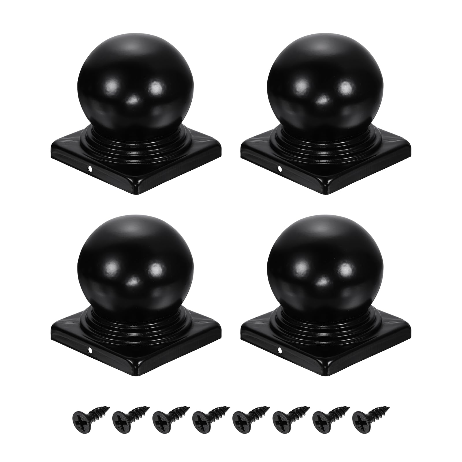 sourcing map 4Pcs Fence Post Caps, 100mm/3.94-inch Square Waterproof Ball Top Dome Iron Post Cap Cover with Screw Fit for Outdoor Metal Wood Fence Deck Mailbox Patio, Black