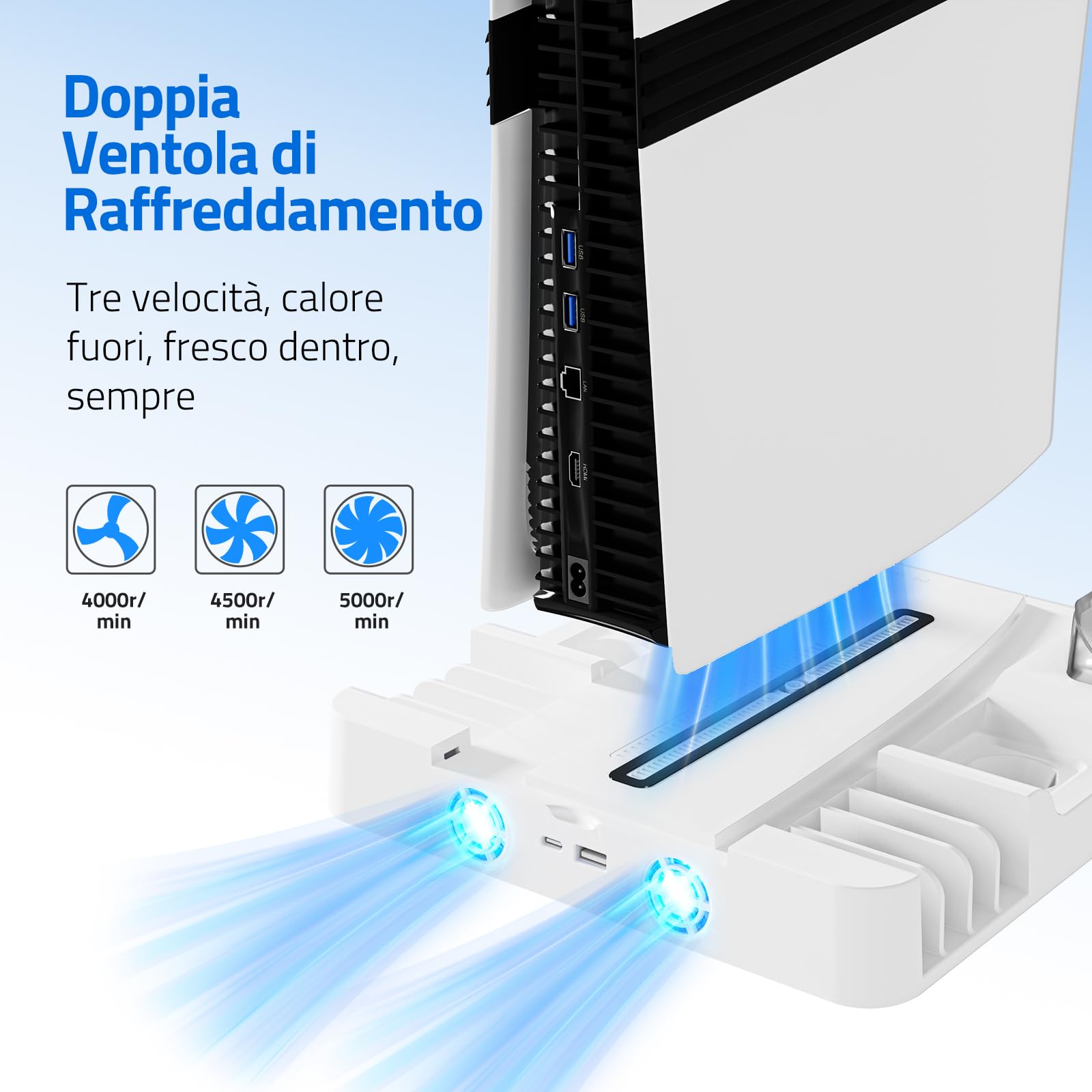 Supporto di raffreddamento PALPOW compatibile con PS5 Pro/Slim/PlayStation 5, disco e caricabatterie digitale per accessori PS5 - Ventola a 3 velocità, illuminazione LED - Bianco