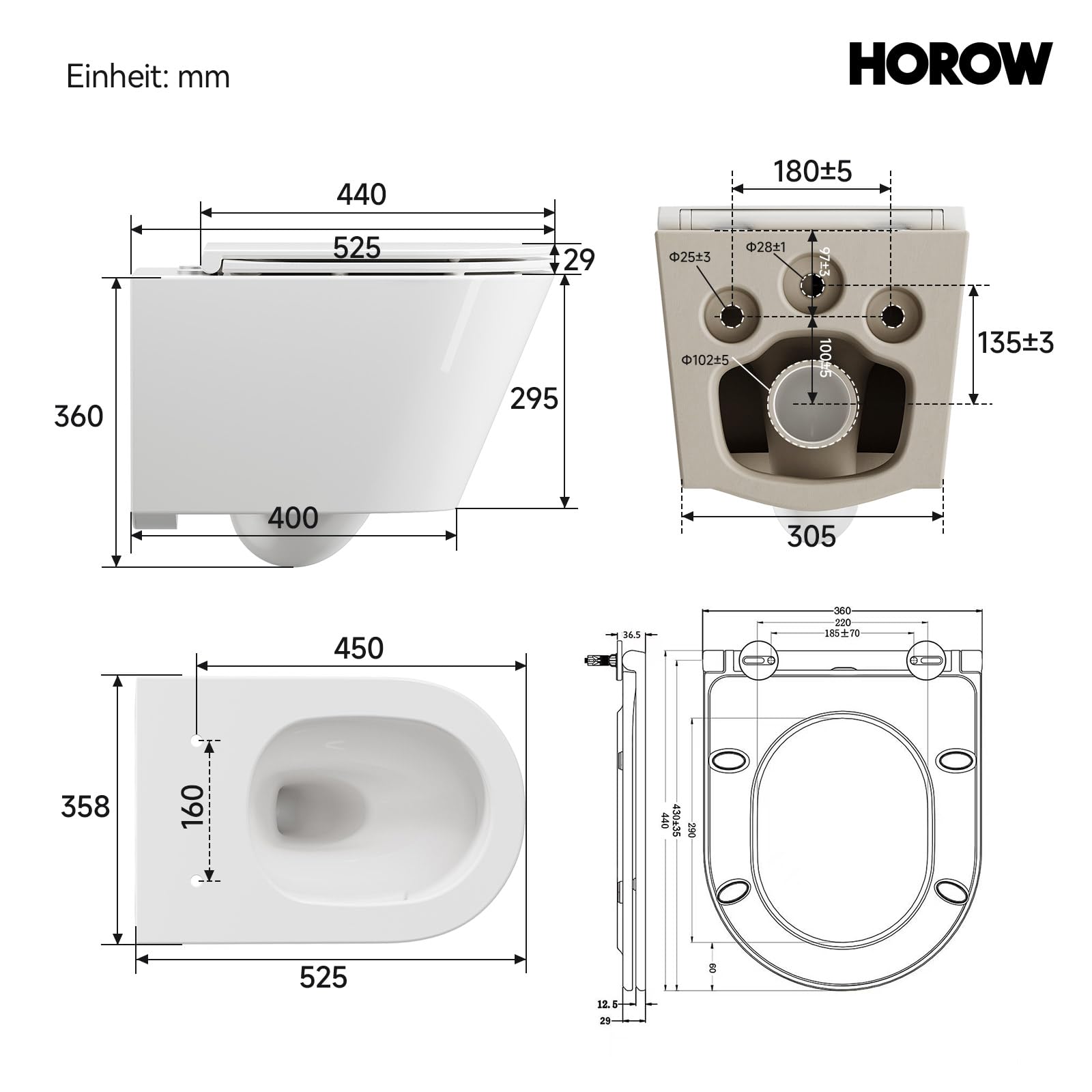 HOROW Juego de cisterna para inodoro colgante sin bordes, con cisterna de