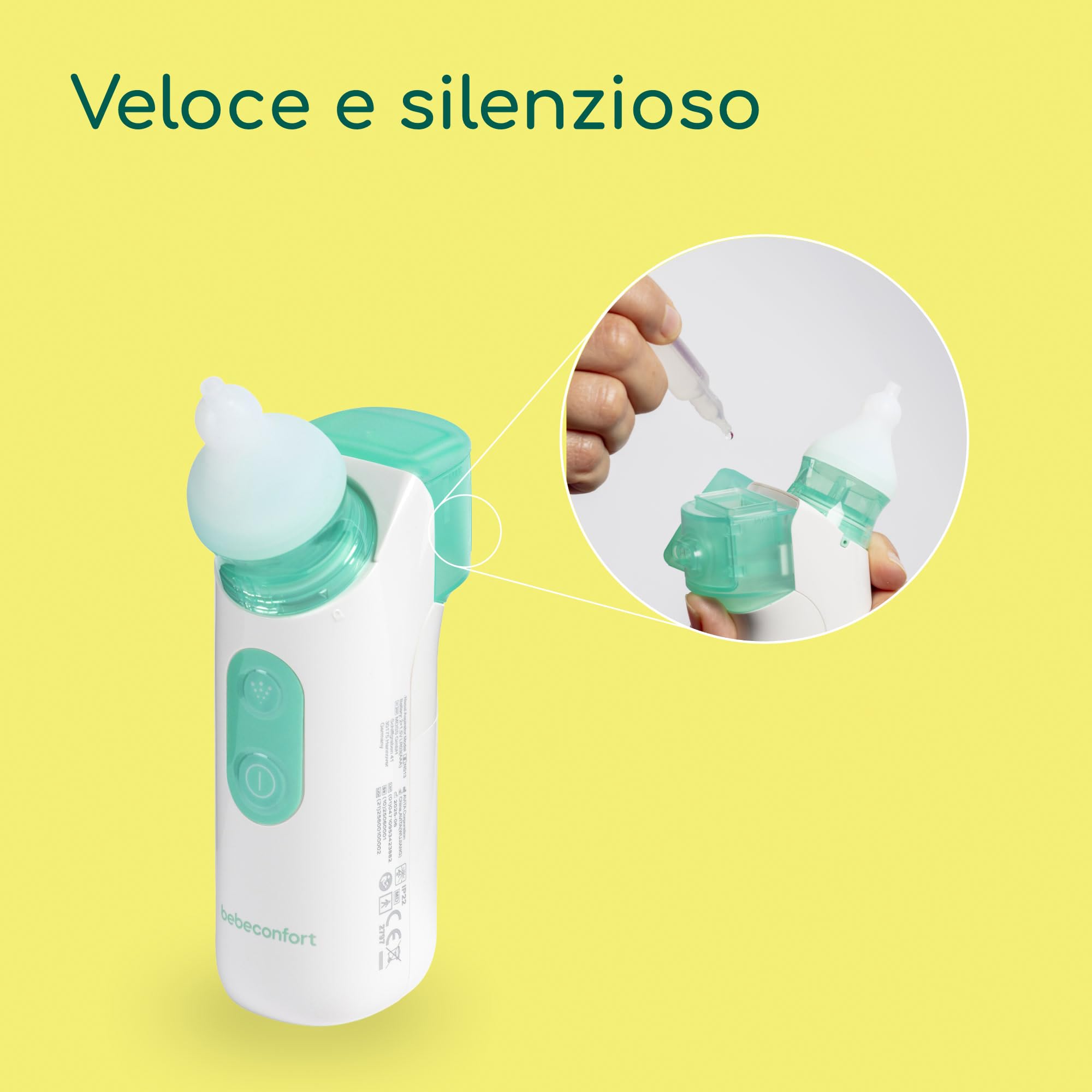 Bebeconfort Aspiratore Nasale Neonato Elettrico, 0 mesi +, Nebulizzatore e Aspiratore 2 in 1, Pulizia Naso Neonato Rapida e Silenziosa, 2 Ricambi Morbidi in Silicone, Facile da Pulire