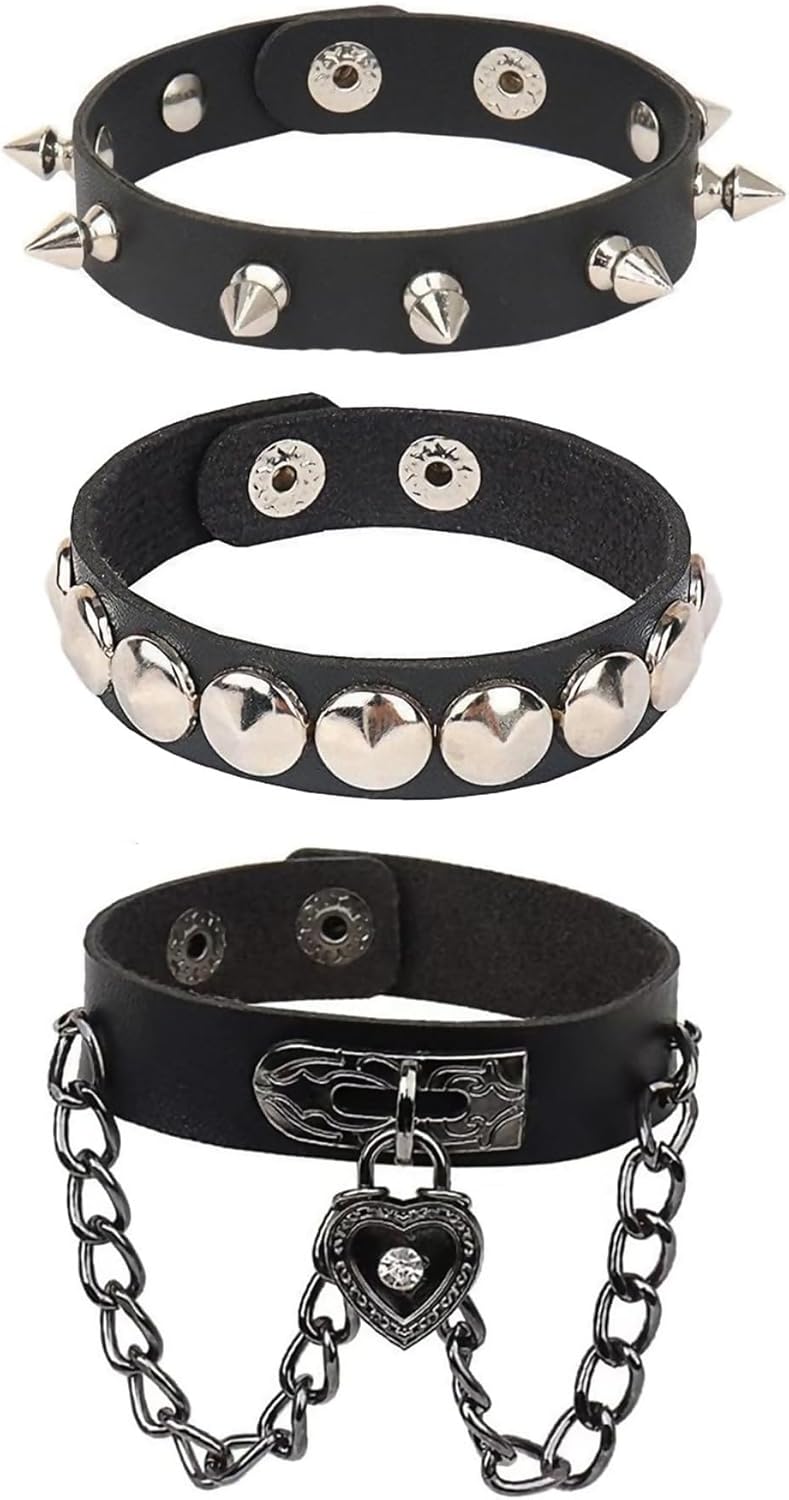 3 PCS Punk Rock Studded Bracelets Set, Leather Adjustable Spiked Studded Bracelet Cuff for Men Women, 80s Wristband for Goth Jewelry Halloween Accessories