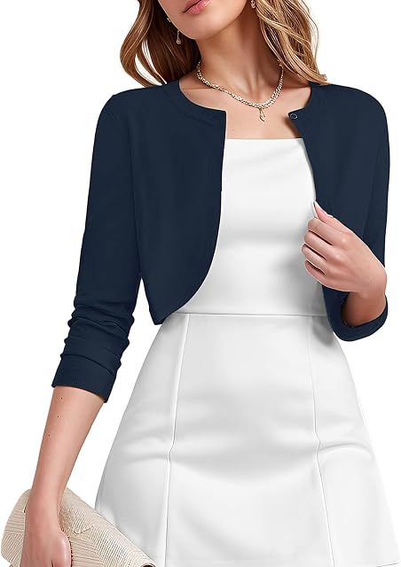 Heymoments Women's Cardigan 3/4 Sleeve Casual Shrug Lightweight Open Front Cropped Sweater Jacket Cover Up Outfits for Dress