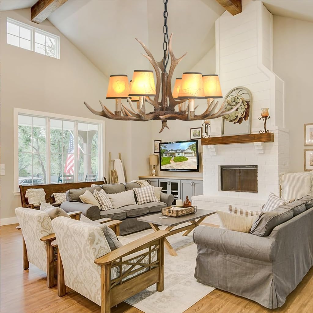 Ruirfh One Color Pendant Light Vintage E14 Medieval Dining Table Lamp American Rural Chandelier Resin Antlers Pendant Lighting White Lampshade Hanging Lamp Retro Light Bar Living Room Cafe Dining Room Ceiling L