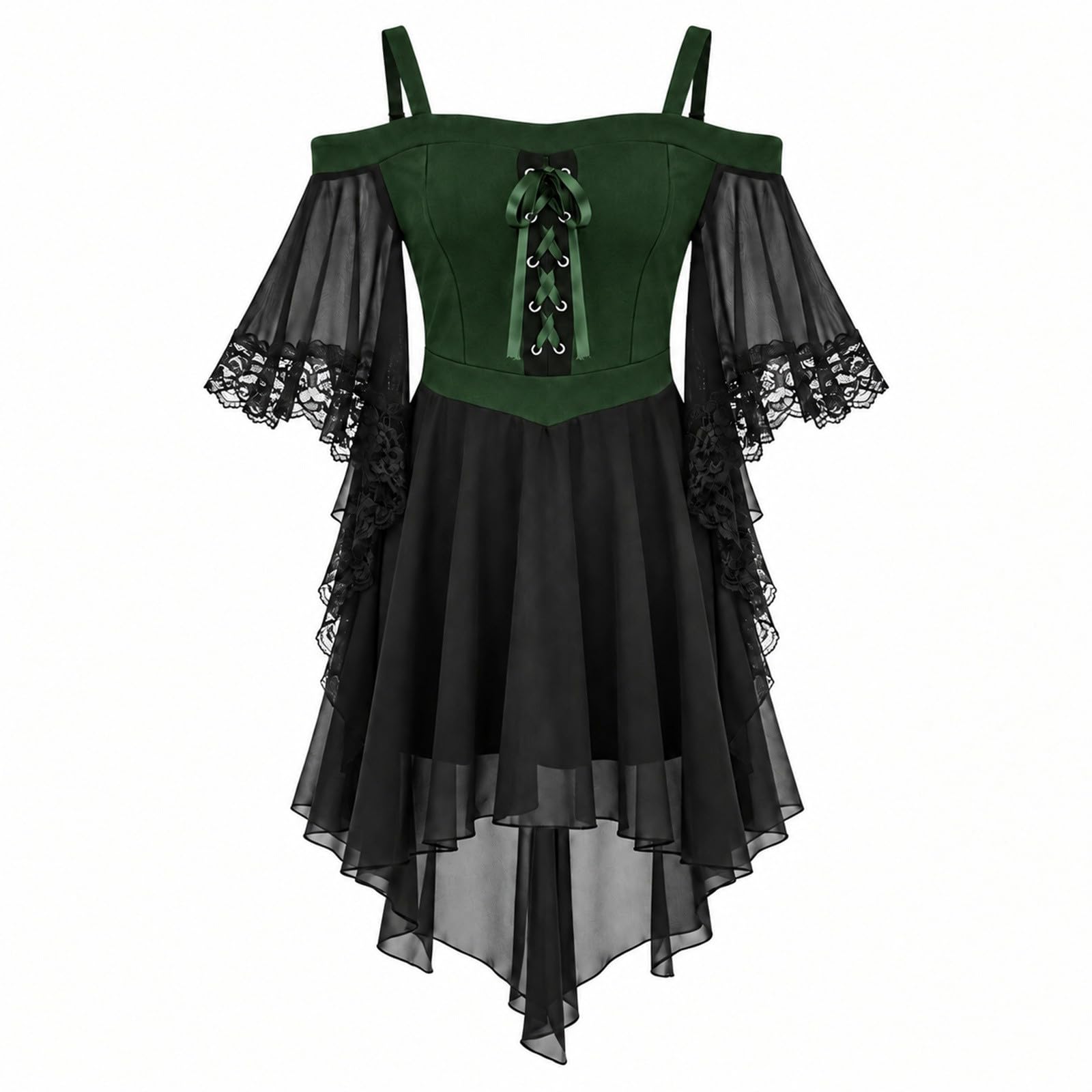Girls Halloween Costume Kids Gothic Witch Cold Shoulder Strap Dresses Medieval Halloween Gothic Dress, A-Line Mesh Patchwork, Butterfly Sleeve, Steampunk Costume Vampire Party Dress for Carnival