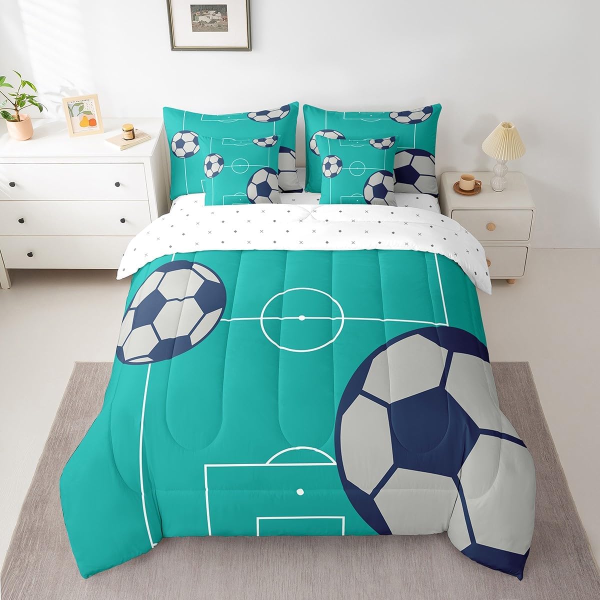 Feelyou フットボール 寝具セット フル7ピース キッズ フットボールコート 男の子 女の子 ティーン スポーツテーマ サッカーボール柄 ティールベッド バッグ入り 掛け布団、シーツ、枕カバー&クッションカバー付き