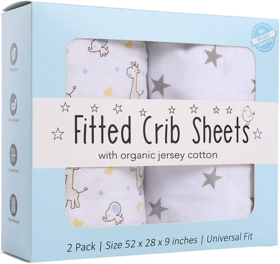 Dokicat Mosa Creations Fitted Crib Sheets Set | 2 Pack | 100% Organic Jersey Cotton | Unisex Star and Animal Print Nursery Bedding Sheets for Baby Boy or Girl…