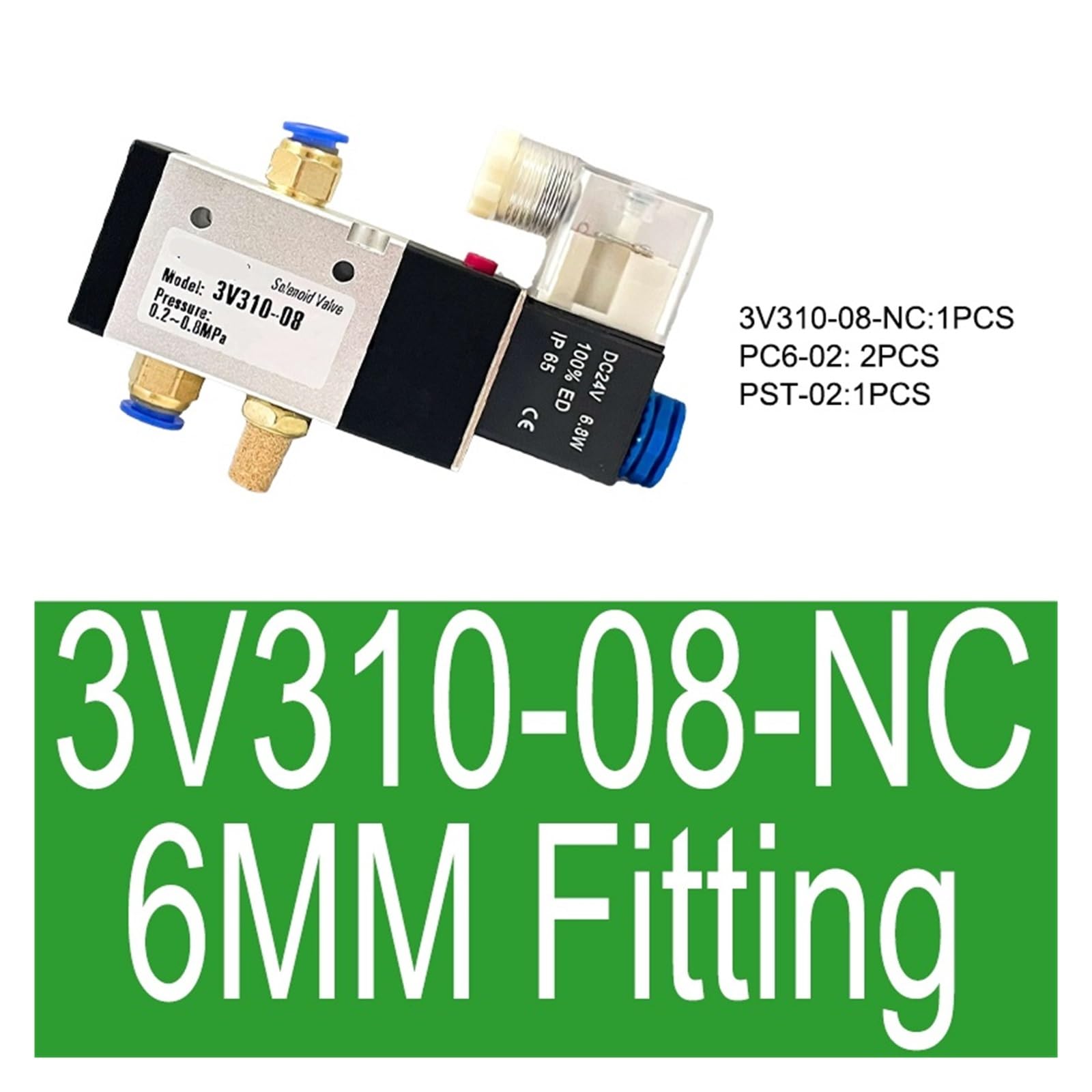 3V310-08/10 Pneumatisches Magnetventil Normal Geschlossen/Offen 3/2 Weg mit Armaturen DC12V 24V AC110V 220V Spule Volt(3V310-08-NC 6MM)