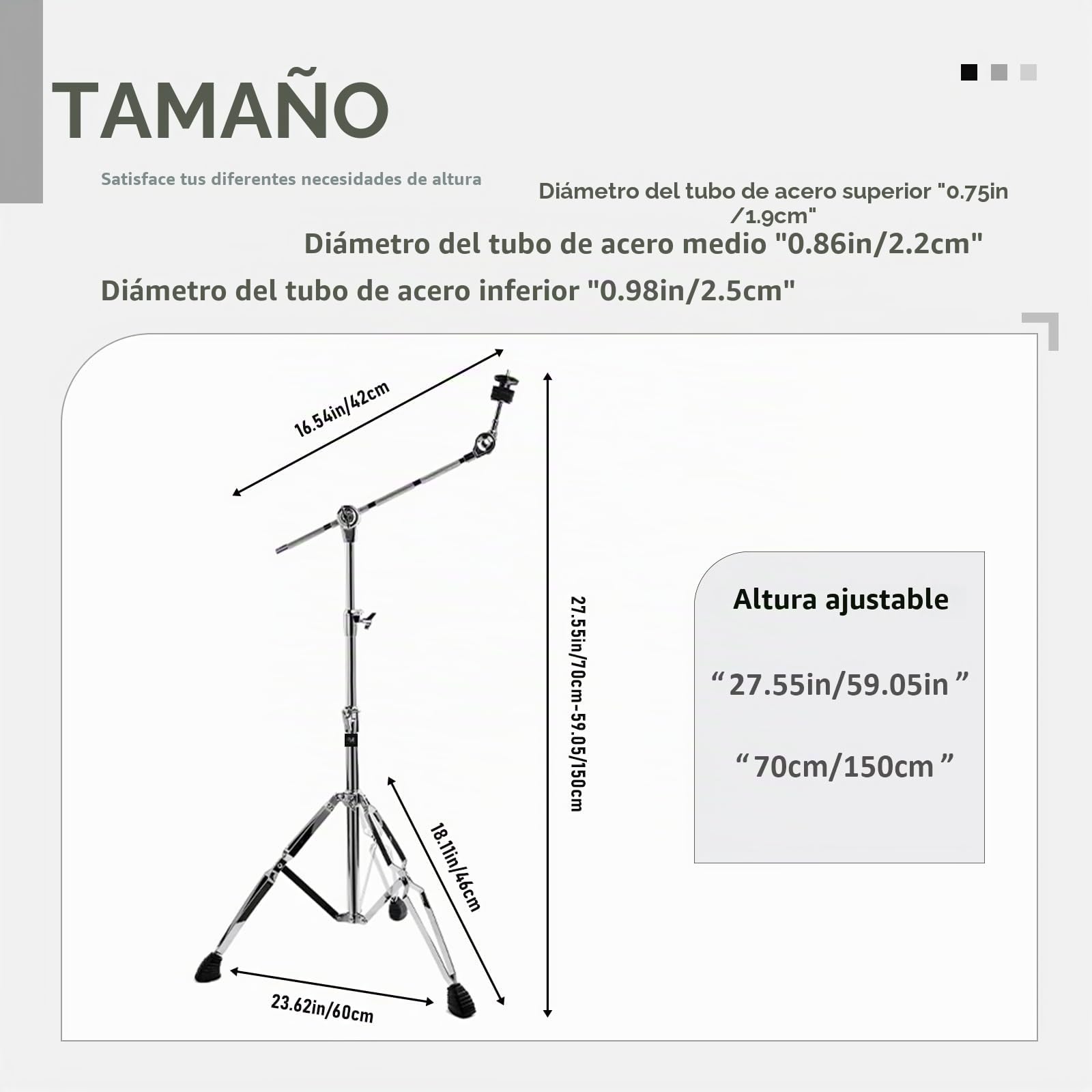 Soporte para platillos de horca, soporte para platillos de doble punta, altura ajustable de 29,5 a 59 pulgadas, soporte para platillos para montar platillos Crash, Ride y Splash (V-XDJ003)