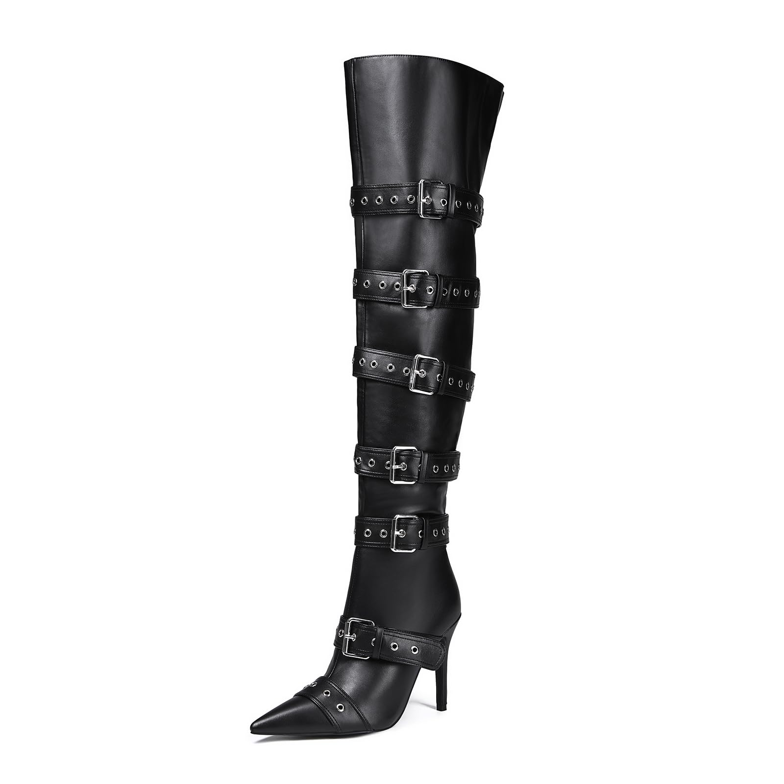 Black Side Buckle Over The Knee High Boots For Women Sexy Fashion Pointed Toe Zipper Leather Stiletto Thigh