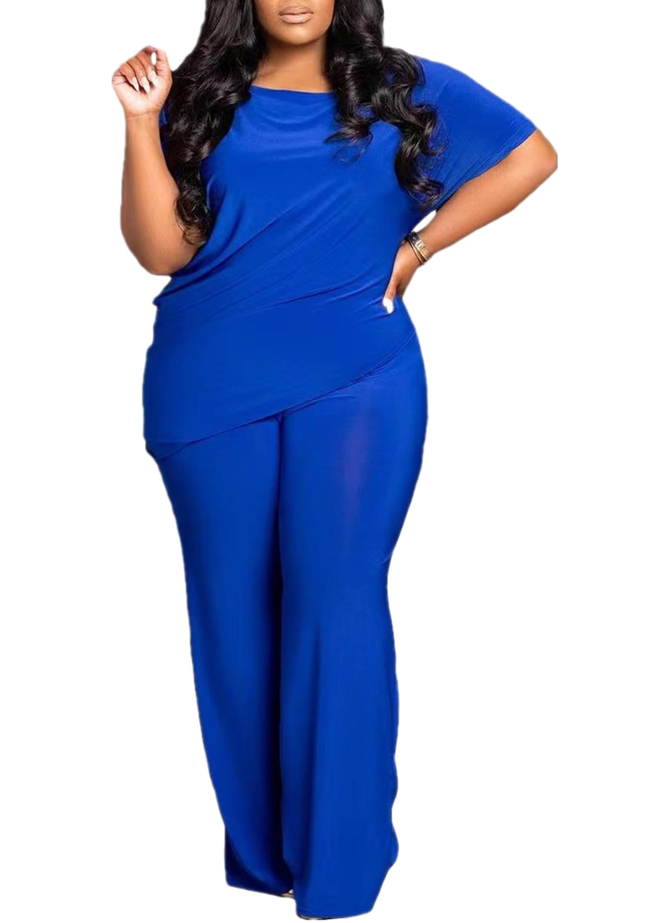 ANICECUT Plus Size 2 Piece Sets for Curvy Women Sexy Casual Summer Short Sleeve Tops Wide Leg Pants Sweatsuits Sets