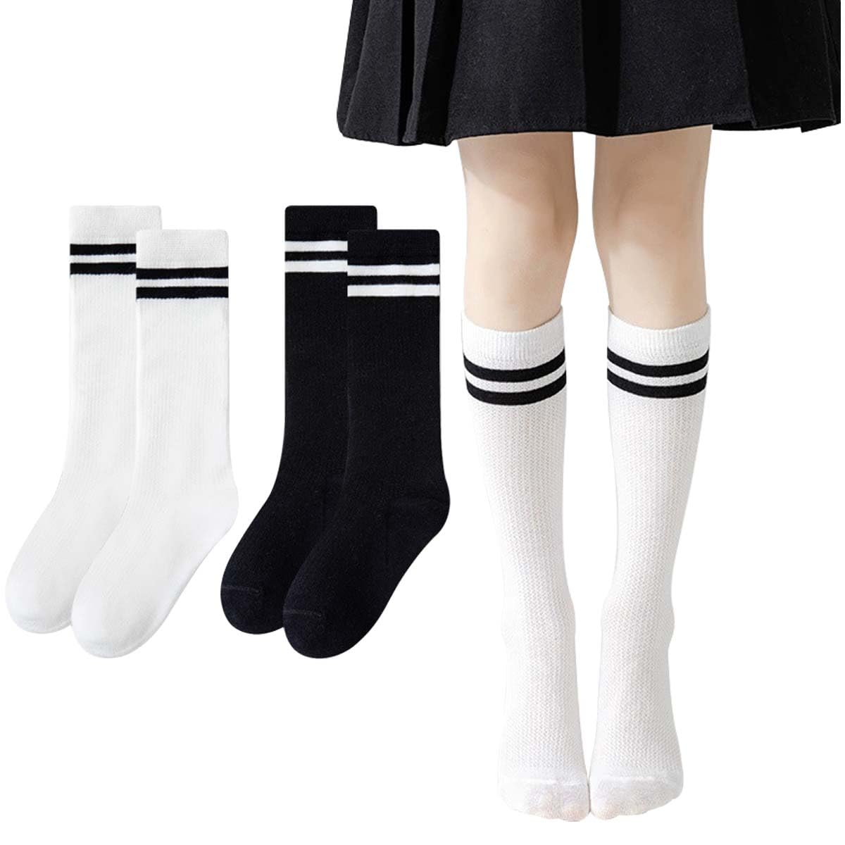 [ANNGEBALY] キッズ靴下 ガールズ カーフソックス 黒白 2足セット 女の子 ハイソックス おしゃれ ボーダー 子供 ソックス メッシュ 通気 フォーマル服用 白靴下 通園 通学 綿 (JP, アルファベット, 2XL, 黒白セット)