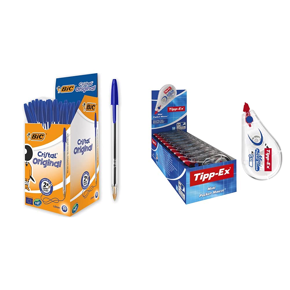 BIC Penne Blu a Sfera, Cristal Original, Punta Media, 1 mm, Confezione 50 Penne + Correttore a Nastro, 6 M X 5 mm, Confezioni da 10