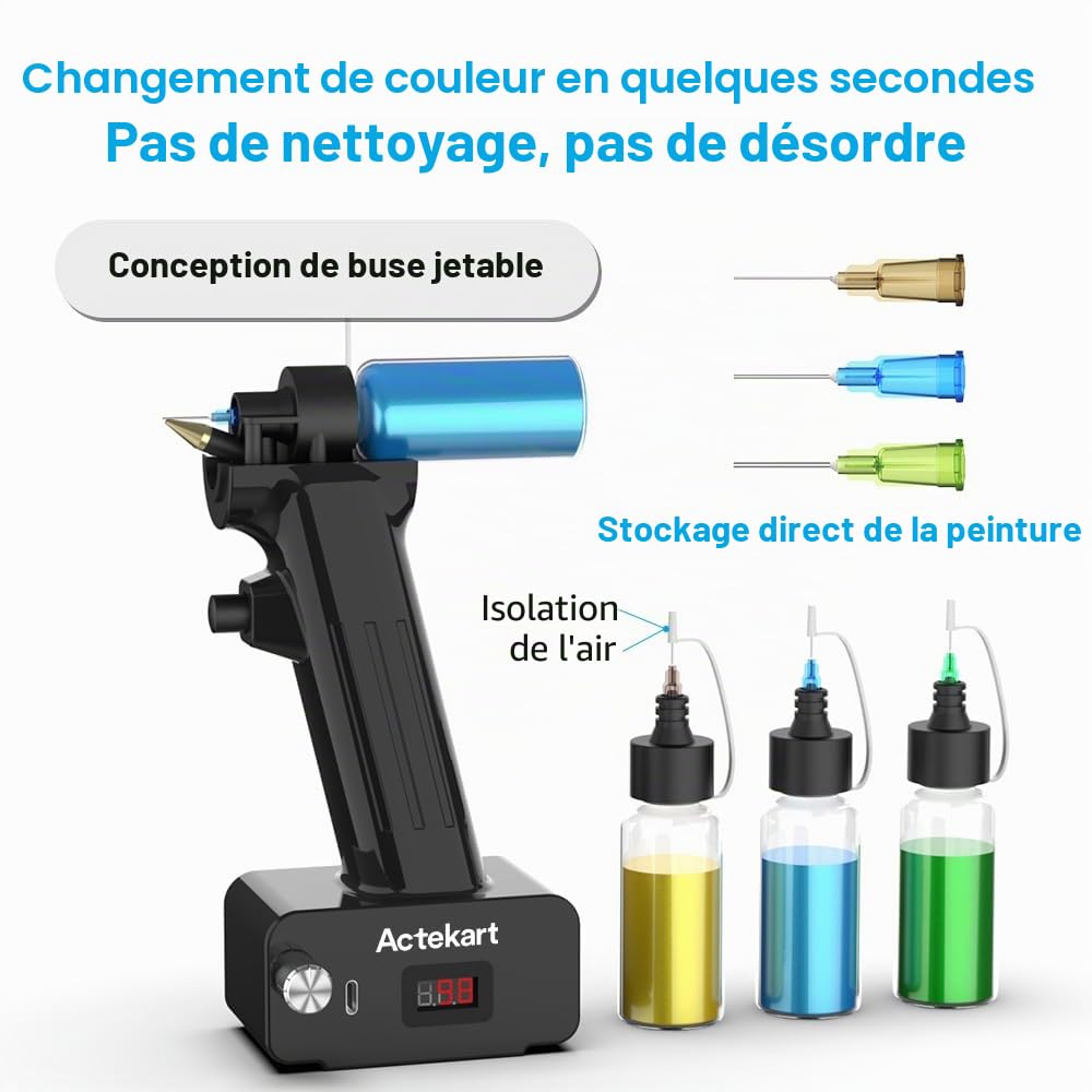 Kit de peinture aérographe sans nettoyage avec buse jetable (50 pièces x 0,2 mm & 100 pièces x 0,3 mm & 100 pièces x 0,5 mm buses jetables), rechargeable, portable, sans fil