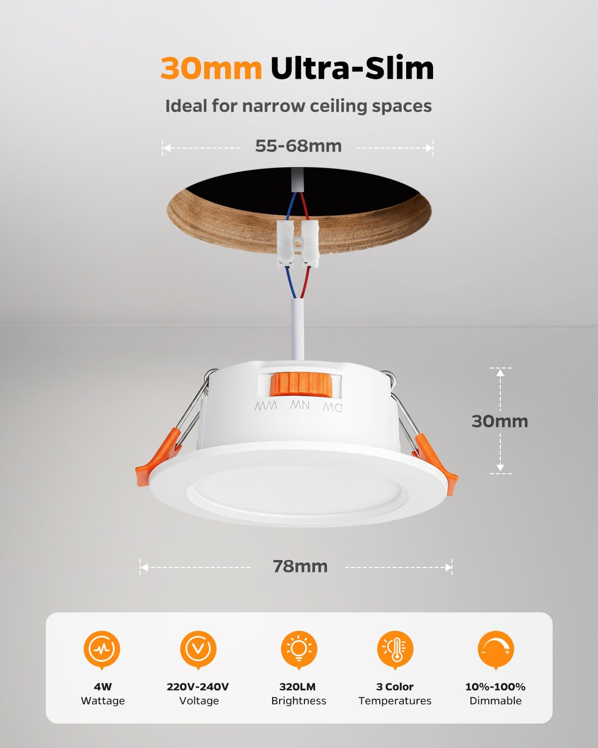 Sanyoung Reflektor LED do zabudowy, 230 V, możliwość ściemniania, zestaw 10 sztuk, 4 W, reflektor punktowy LED, 55 mm – 68 mm, wymiary otworu: ciepła biel, neutralna biel, zimna biel, IP44, lampa