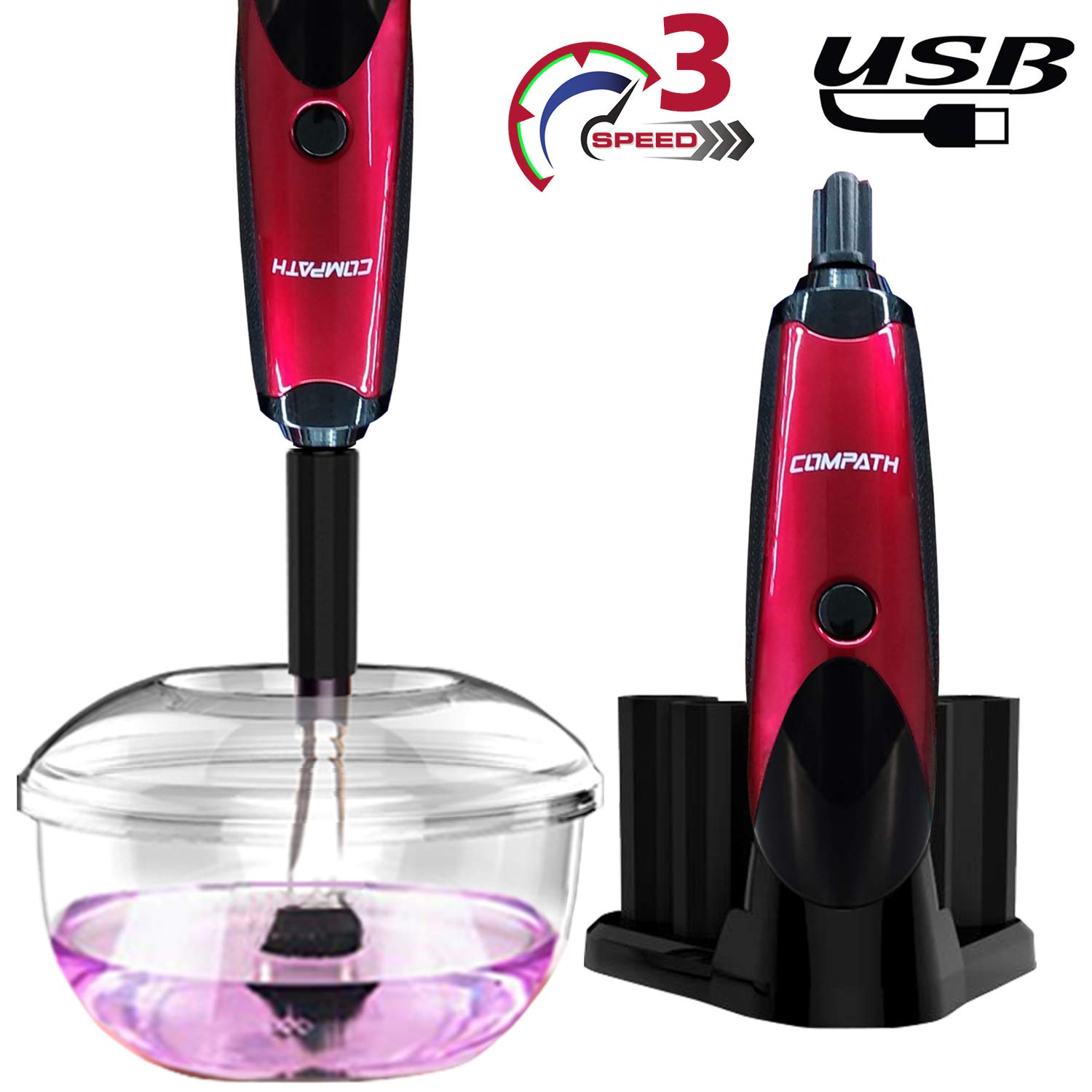 Makeup Brushes Cleaner and Dryer, COMPATH Electric Makeup Brush Cleaner Dry with 6 Sizes Rubber Collar Fits Most Cosmetic Makeup Brushes