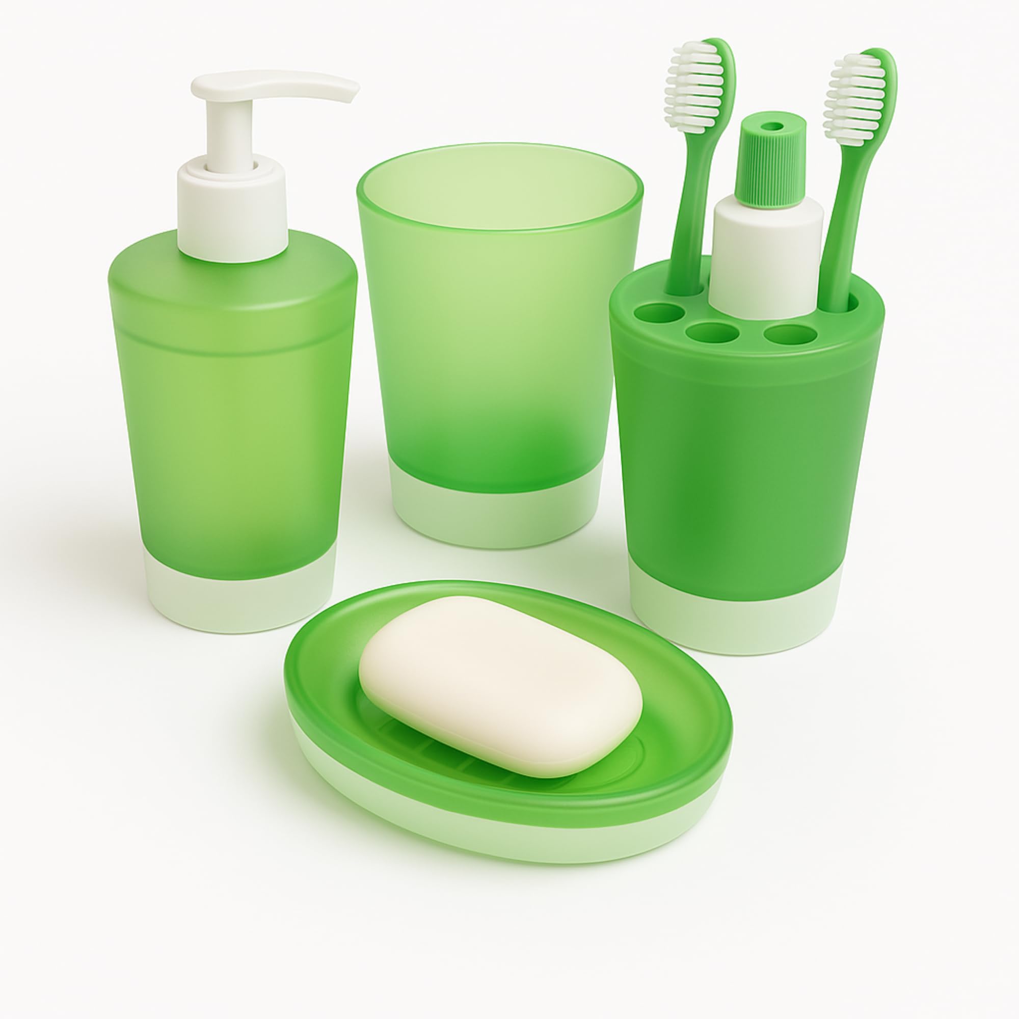 Juego de Baño Verde de 4 Piezas Plástico Irrompible: Dispensador Jabon Baño, Jabonera Baño, Vaso, Portacepillos. Set Baño Infantil y Adulto. Accesorios baño con Diseño Elegante. (Verde)