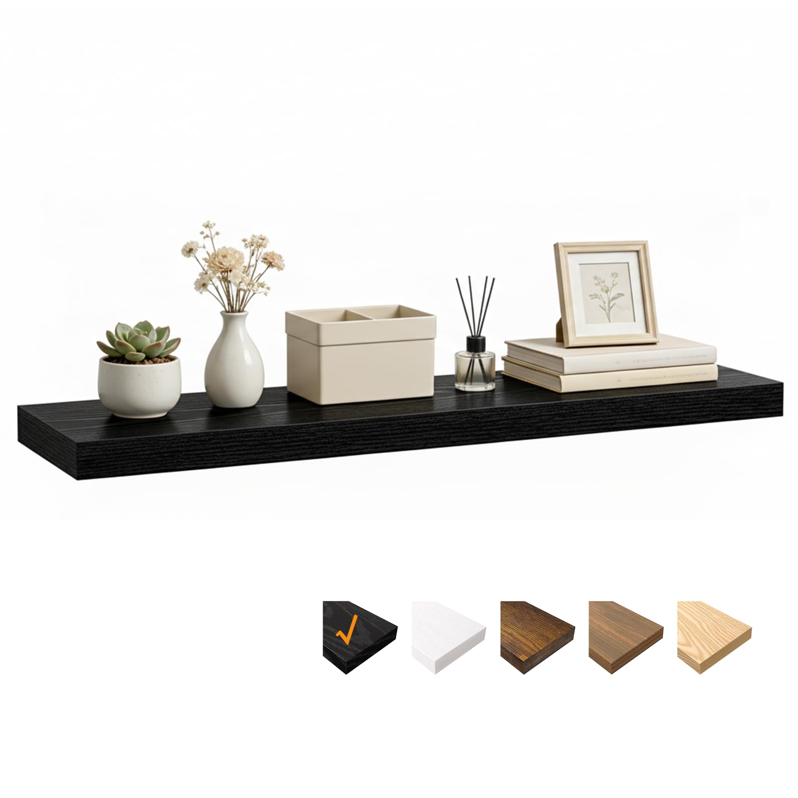 RICHER HOUSE Black Floating Shelves for Wall, 100 x 23.5 x 3.8 cm Wooden Shelves, Wall Decor with Invisible Brackets for Bedroom, Living Room, Bathroom, Kitchen, Laundry, Office