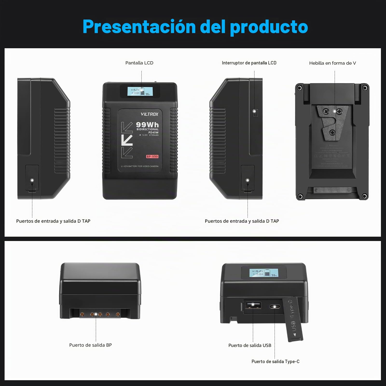 VILTROX BP-V99 Mini V Mount Batería,Batería V Mount 6700mAh con Pantalla LCD,Dual D-Tap&USB Salida 99Wh/14.8V,Negro V Mount Mini Lock Battery para Cámaras,Videocámaras,Luces LED,Monitores y Smartphone