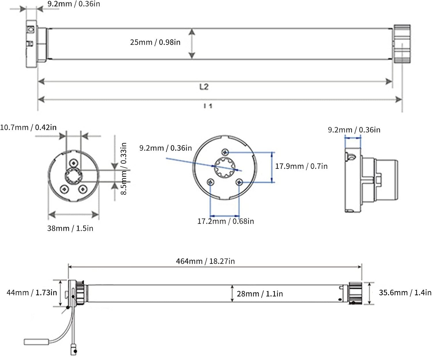 Technical dimensions of the roller blind motor