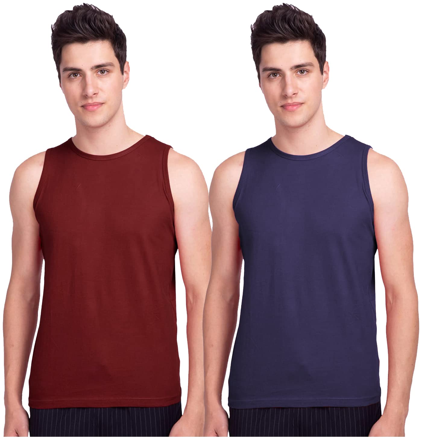 Round Neck Sleeveless Plain-Solid 100% Cotton Men's Black::Maroon Vest Combo (Pack of 2)-image-20