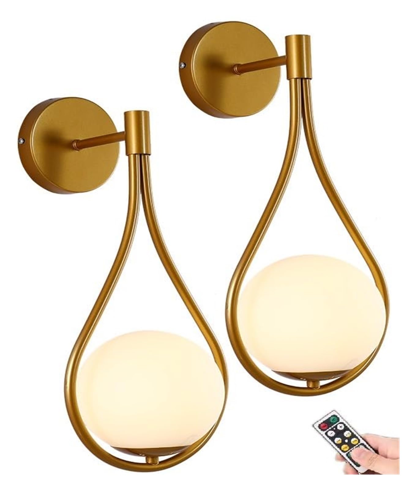 Applique da Parete Senza Fili Ricaricabili Set da 2, Lampada LED da Parete con Telecomando, Globo in Vetro Opale E Finitura Ottone Dorato, Luce Decorativa per Camera Soggiorno Gold