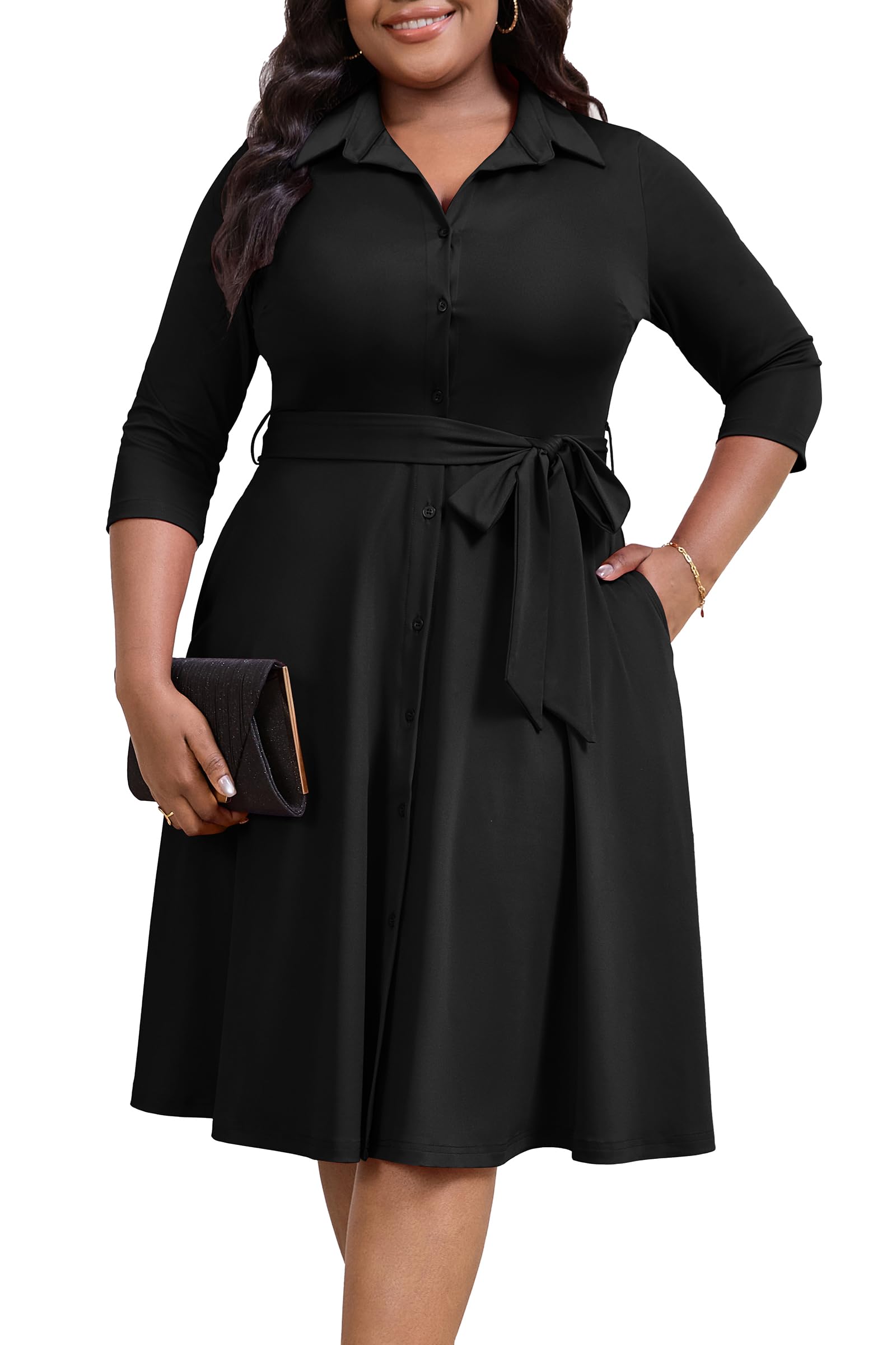 Plus Size Midi Dress for Women Casual- Button Down Printing Summer Dresses for Office Cocktail 3/4 Sleeve （XL-5XL）