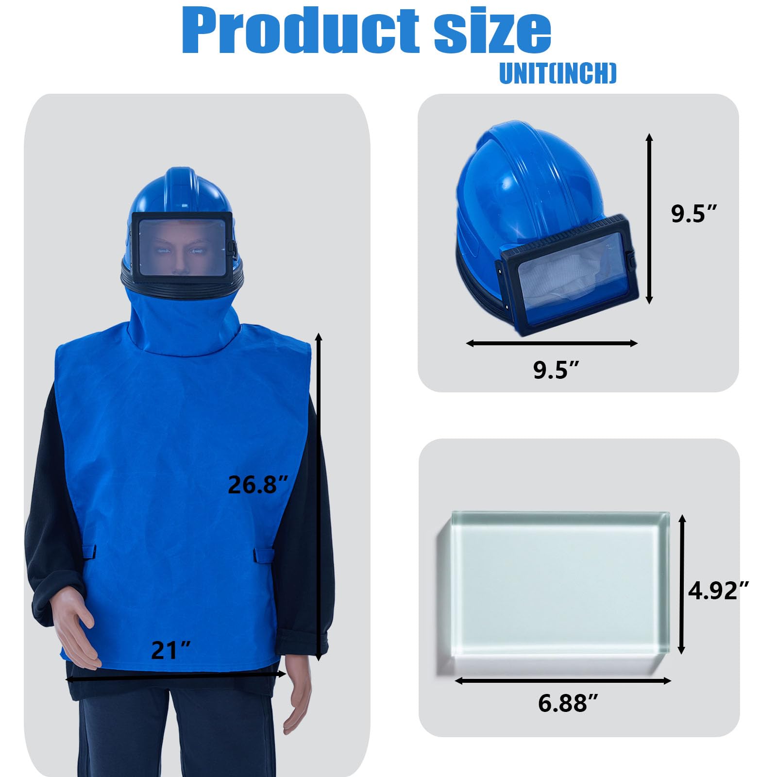 Capucha profesional azul para chorro de arena, 1 lente reemplazable, casco de chorro de arena a prueba de polvo, se adapta a trajes de protección. Ideal para chorro de arena, pulverización