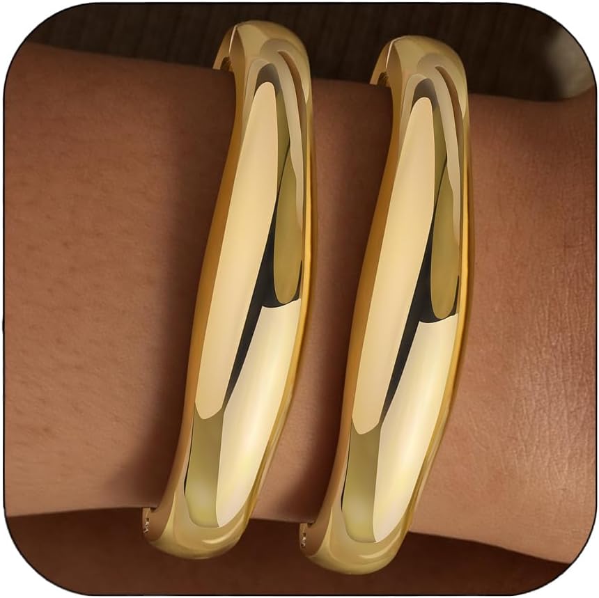Gold Bangle Bracelets for Women Cuff Stackable Waterproof Non Tarnish Bracelet Stack Silver Plated 14k Chunky Bangles Jewelry Set for Woman