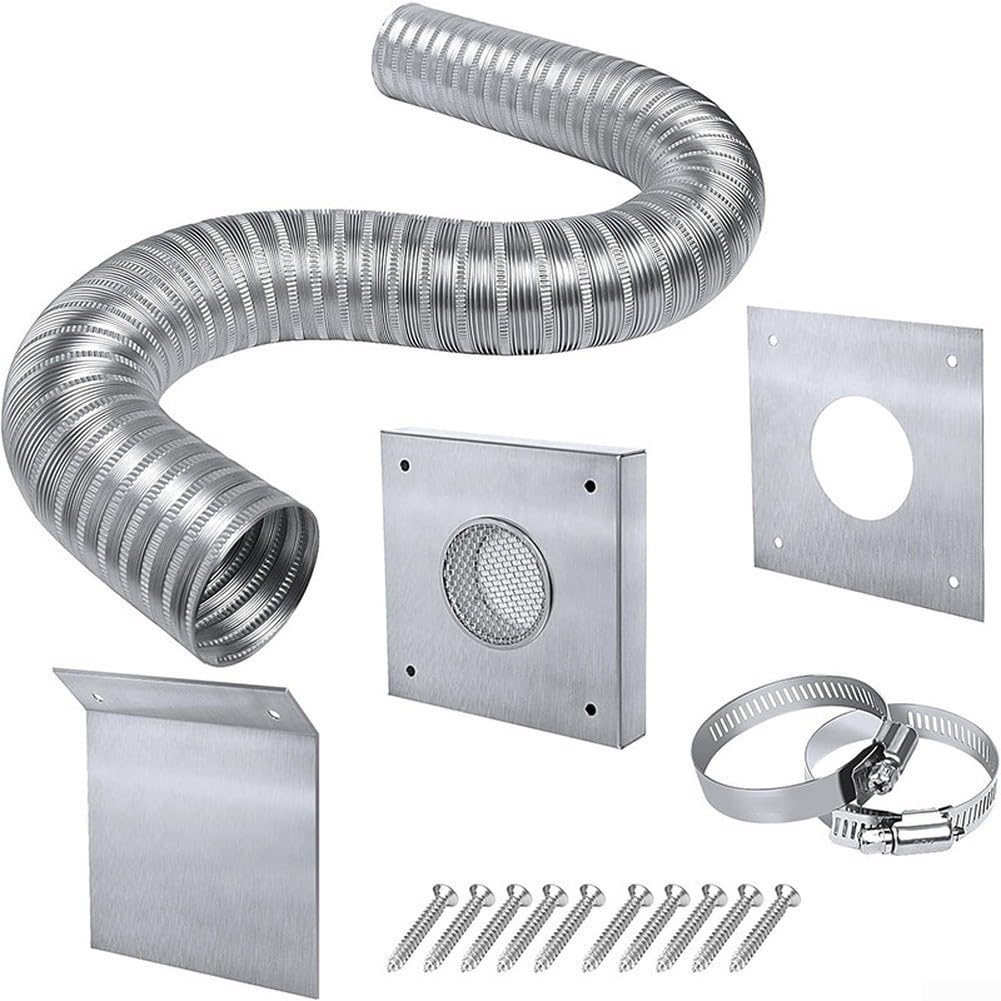 Pelletofen Lufteinlass-Set mit 5,1 cm Edelstahl-Wandplatte, 152,4 cm flexiblem Aluminiumschlauch und Sieb für Belüftung