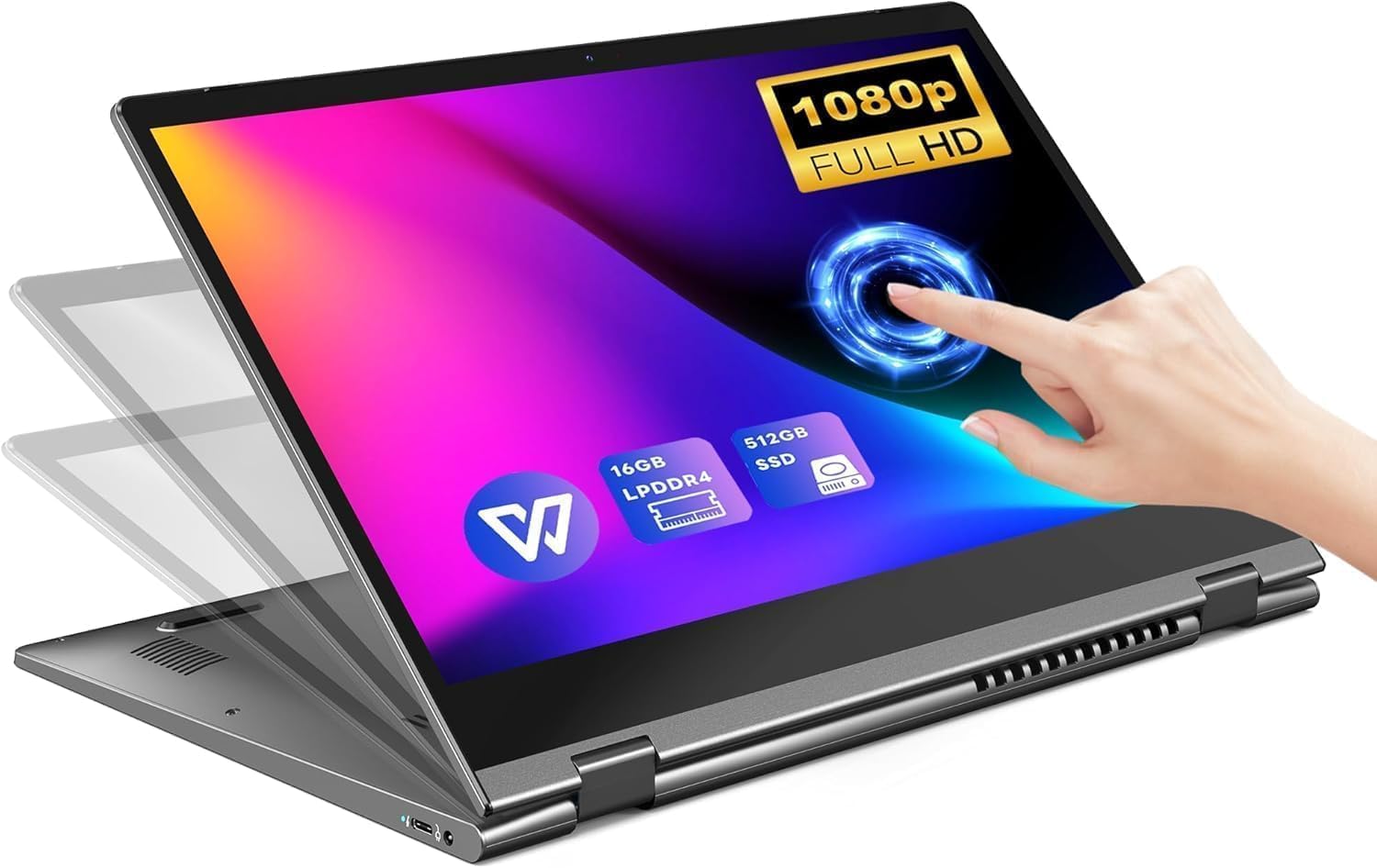 2 in 1 Computer Portatile PC Portatile N100 (fino a 3,4 GHz),16 G RAM 512 G SSD,Touch Screen Pieghevole 14,1 Pollici Mostra, Dual Band WiFi BT5.0,Digitare C,Sblocco Impronta Digitale Computer
