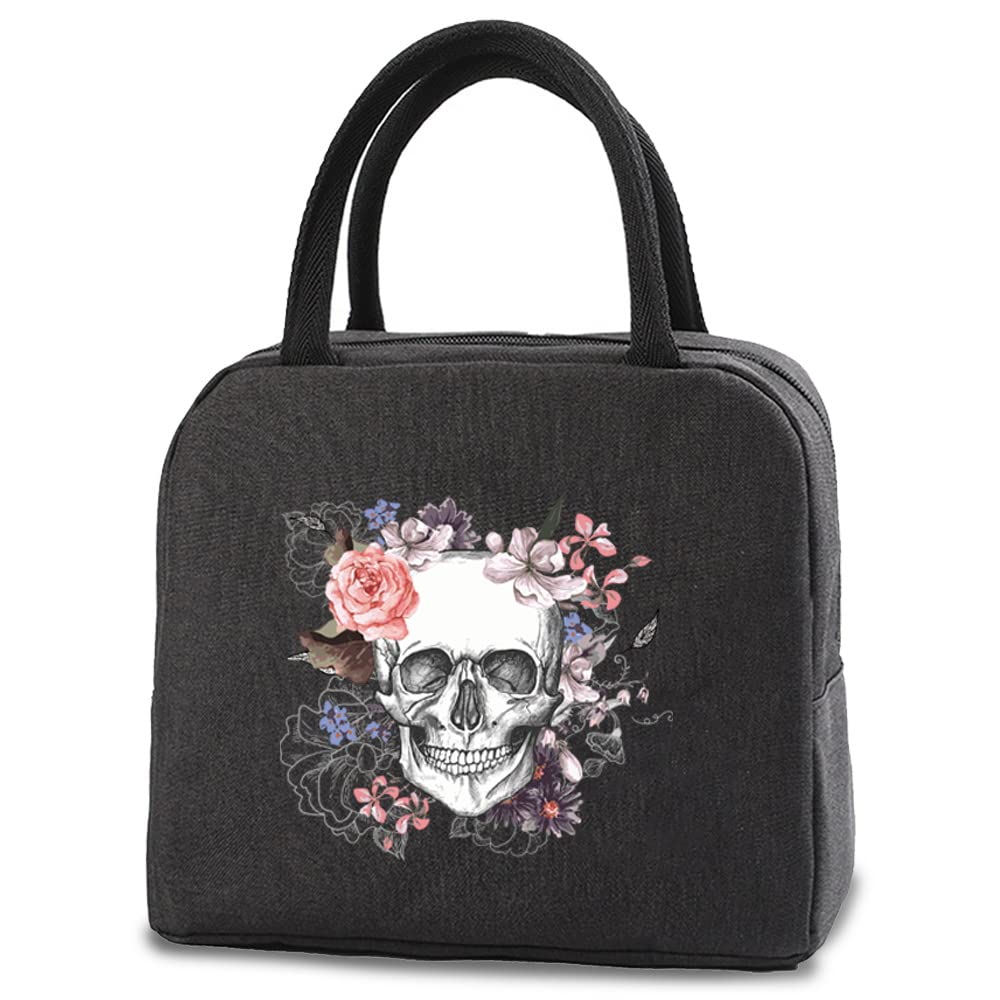Insulated Lunch Bag Tote Bag for Women Wide Open Insulated Cooler Bag Water-Resistant Thermal Leak-Proof Lunch Organizer for Men Girls Children Outdoor Picnic Work (Skull Flower)