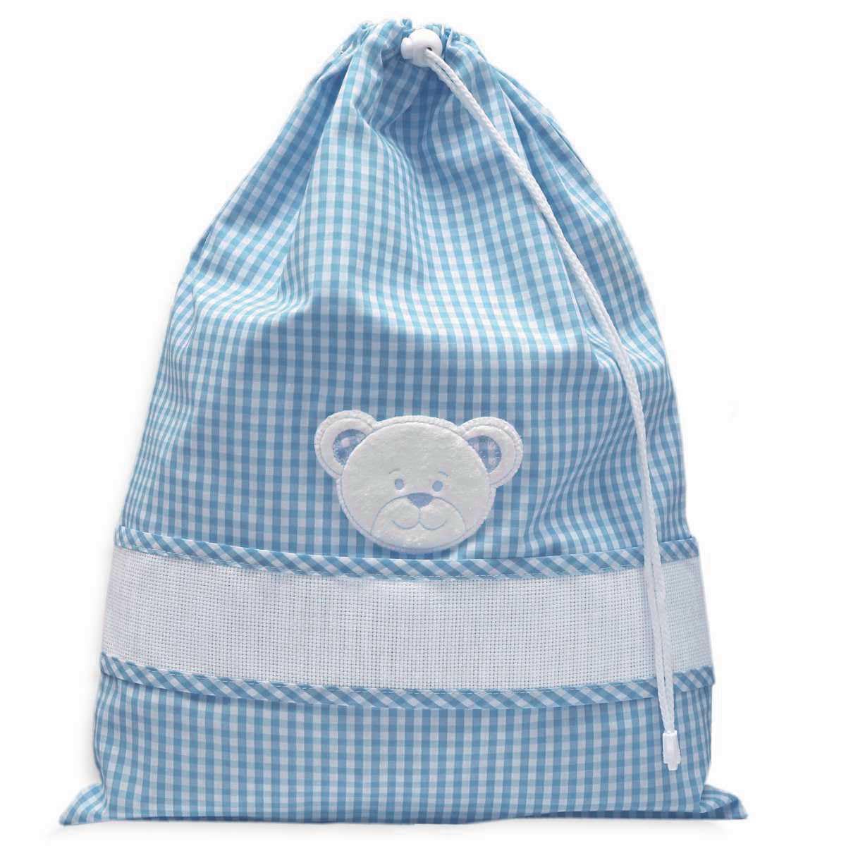 Set asilo da ricamare a punto croce, tre pezzi, sacchetto salvietta e bavaglia, Coordinato asilo in spugna bianca con tela aida, punto croce, fantasia quadretto con viso di orsetto (274 Azzurro)