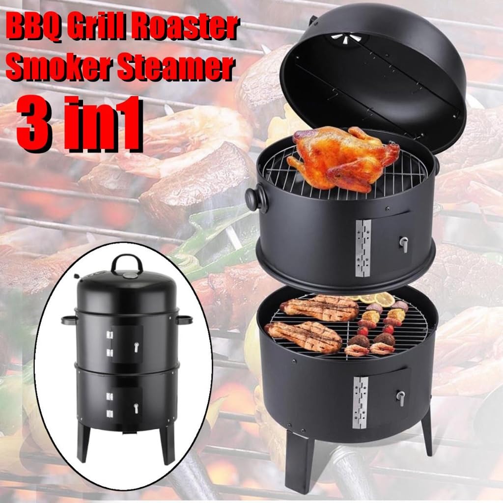 Griglia A Carbone 3 In 1 Con Termometro - Affumicatore A Tripla Camera Da 40x80 Cm, Per Barbecue In Giardino, Campeggio E Terrazzo - 3