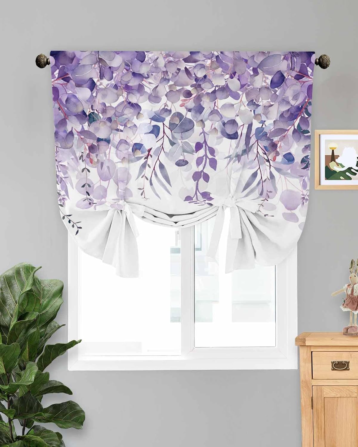 Purple Eucalyptus Linen Tie Up Curtain Shade for Windows,Adjustable Light Filtering Balloon Rod Pocket Elegant Leaves Panel,Bedroom Kitchen Basement Living Room Bathroom White Curtain Drapery 42"x54"