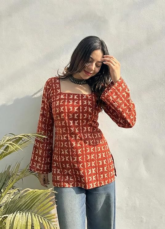 Image of ANNI Designer Women's Viscose Blend Printed Short Kurti | Straight Fit Casual Ethnic Top | Square Neck 3 /4 Sleeve Kurta Office College
