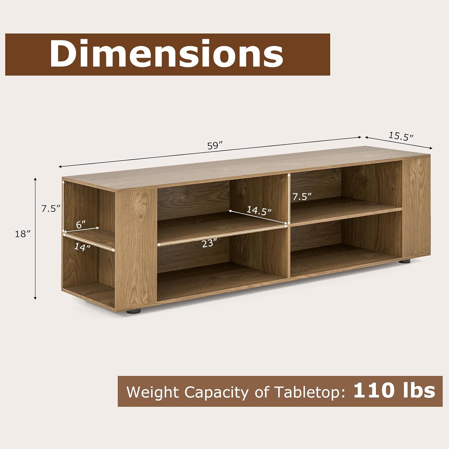 Gianetx Modern TV Stand for TVs up to 65 Inch, Wooden Entertainment Center w/ 4 Storage Cubbies, Side Shelves w/ 5 Raised Feet, Media TV Console Table for Living Room, Natural