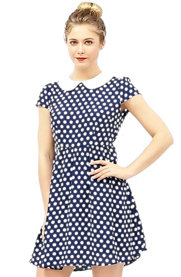 blue polka dot dress with white collar INSPIRE CHIC Women's Peter Pan Collar Short Sleeves Contrast A-Line Polka Dots Dress Light Blue Small