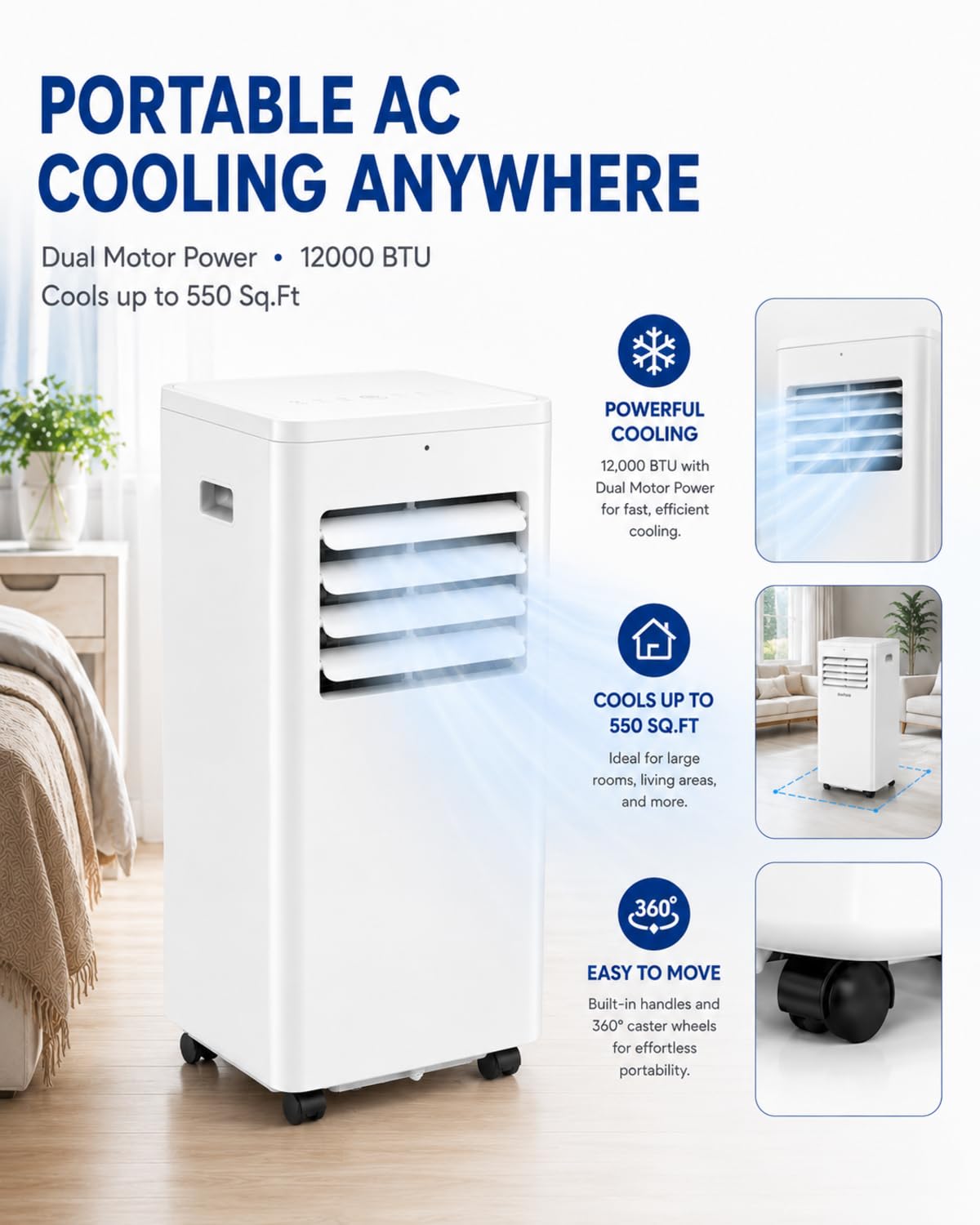 Condition photo showing New/Like New for coolblus 12000 btu portable air conditioners, 3-in-1 ac unit cools up to 550 sq.ft. with remote control/smart sleep mode/24hrs timer/window installation kit & filter cleaning brush, white-12000btu