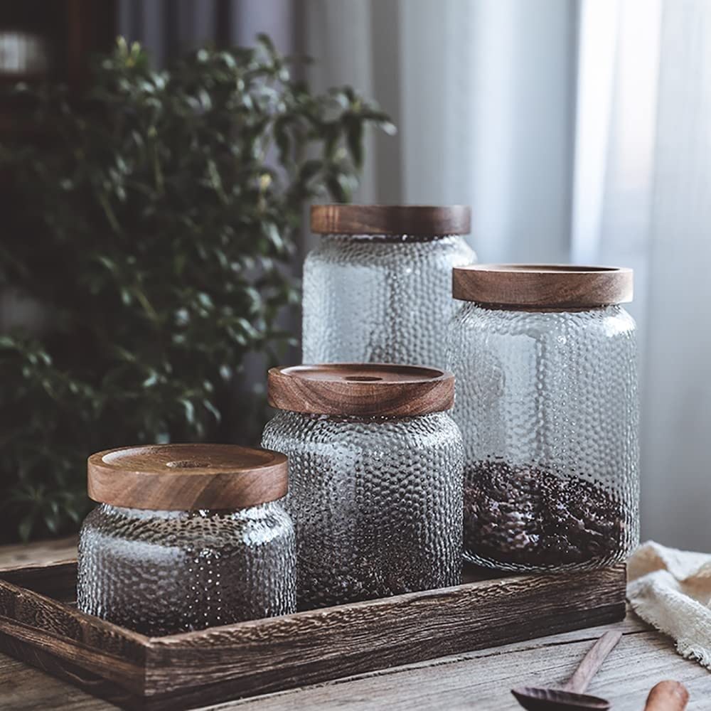 Contenitori di plastica, Barattolo di Vetro, Contenitore for Alimenti con Coperchio ermetico in Legno for tè, caffè, Zucchero, Caramelle, Biscotti, spezie, (3 Pezzi), A